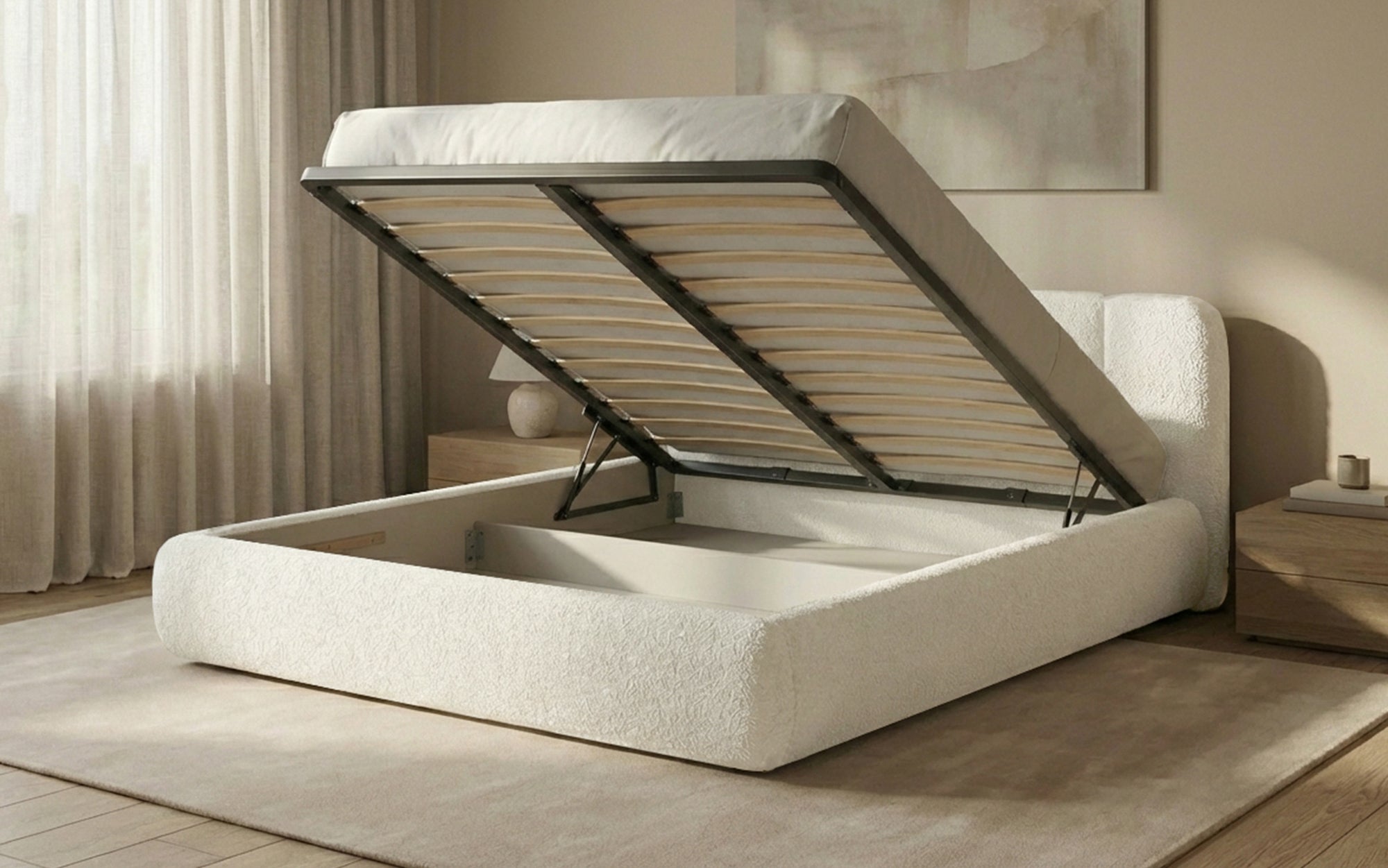 Dizajnová čalúnená posteľ Avelo v bouclé s úložným priestorom