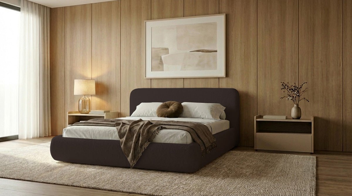 Dizajnová čalúnená posteľ Arosa s poťahom bouclé a úložným priestorom