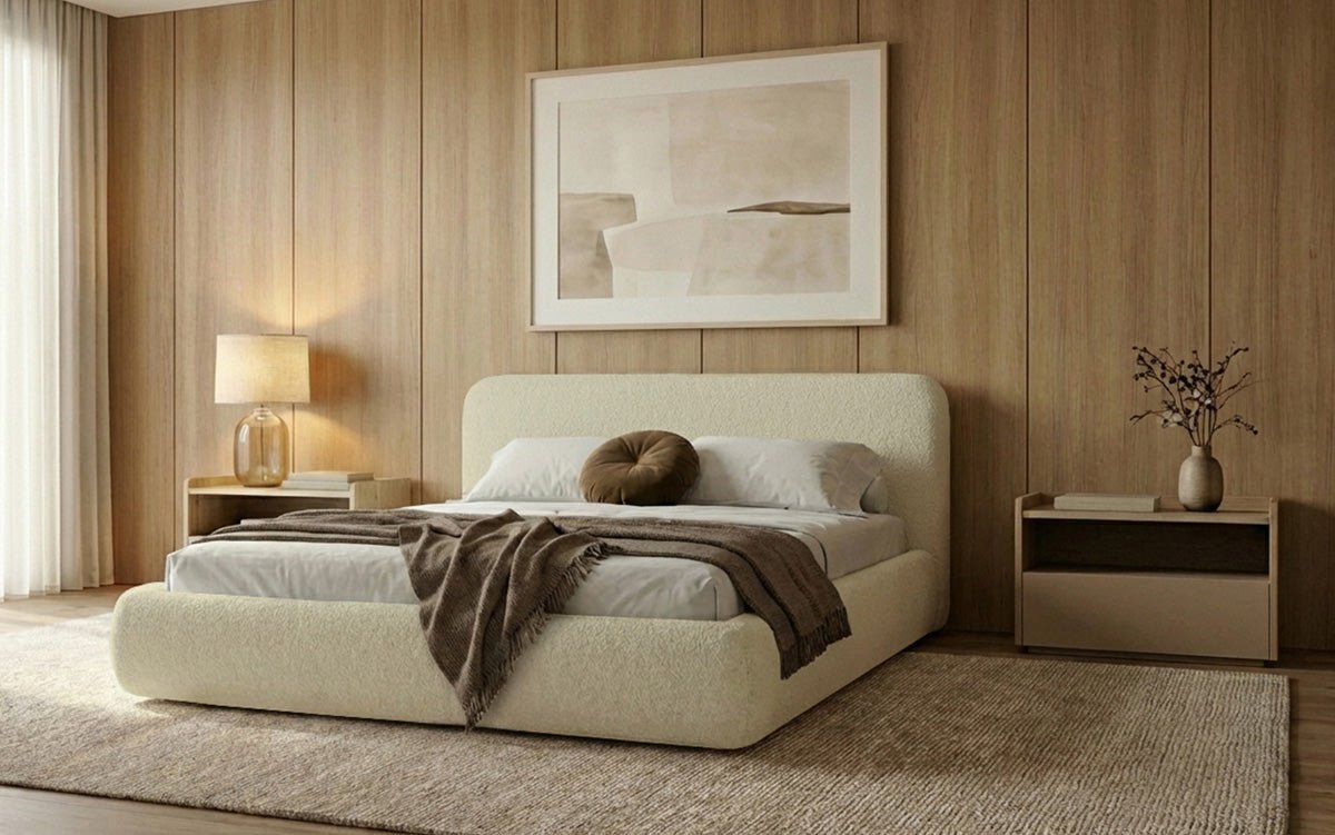 Dizajnová čalúnená posteľ Arosa s poťahom bouclé a úložným priestorom