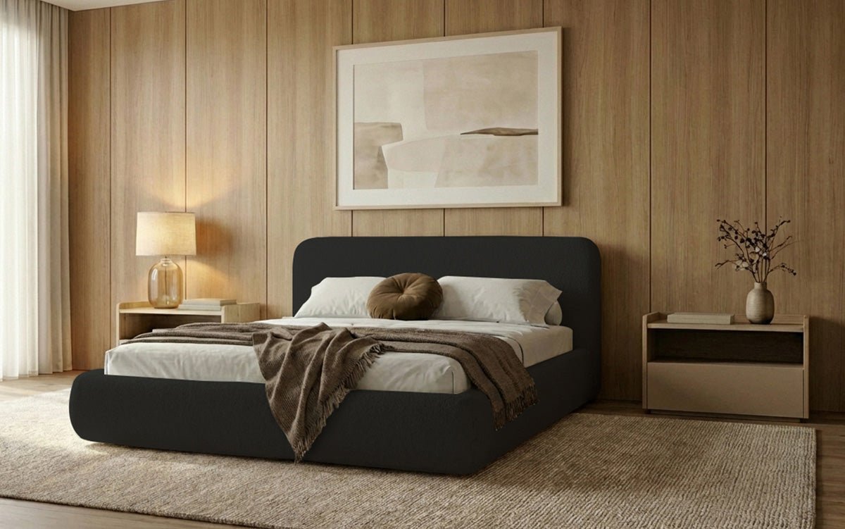 Dizajnová čalúnená posteľ Arosa s poťahom bouclé a úložným priestorom