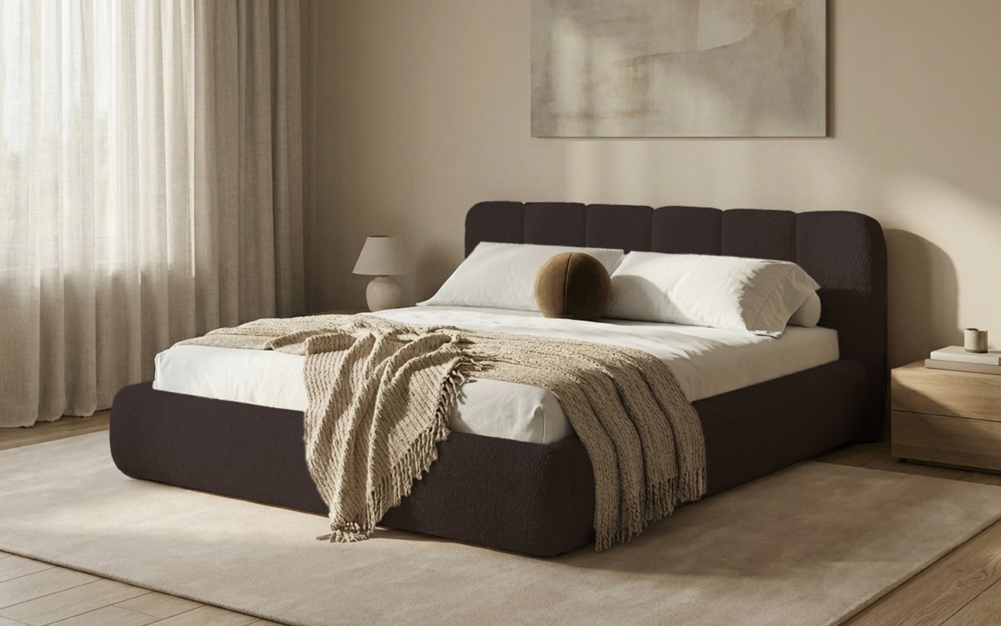 Dizajnová čalúnená posteľ Avelo v bouclé s úložným priestorom