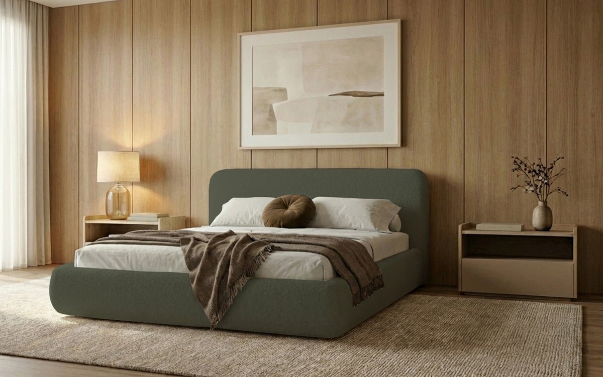 Dizajnová čalúnená posteľ Arosa s poťahom bouclé a úložným priestorom