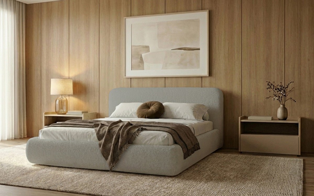 Dizajnová čalúnená posteľ Arosa s poťahom bouclé a úložným priestorom