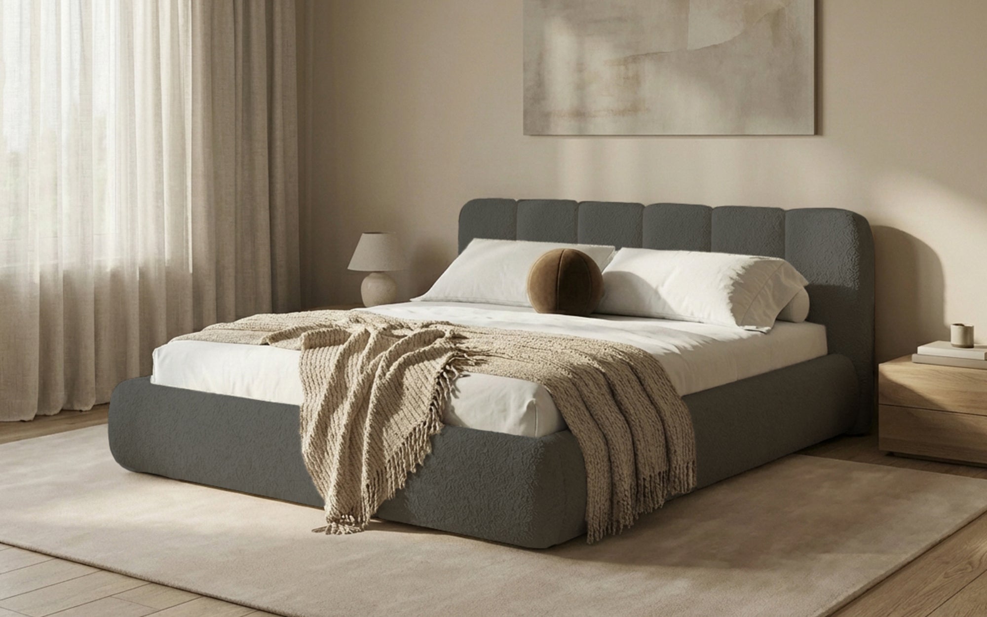 Dizajnová čalúnená posteľ Avelo v bouclé s úložným priestorom