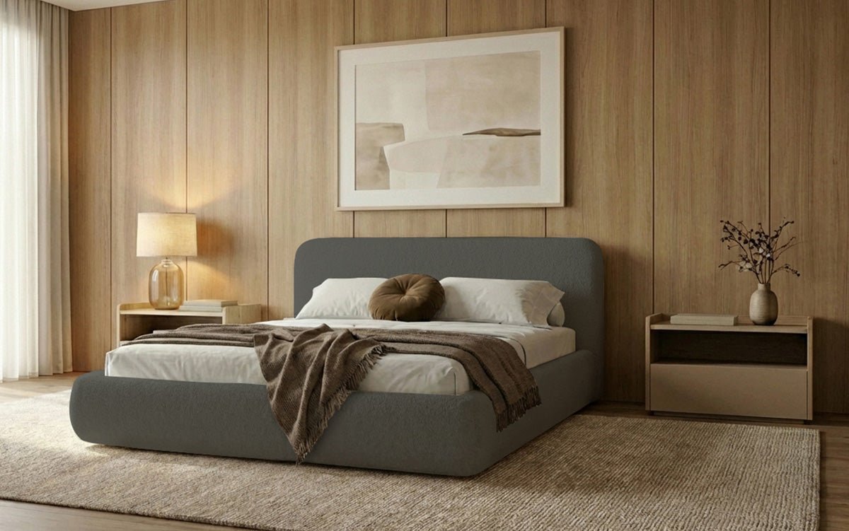 Dizajnová čalúnená posteľ Arosa s poťahom bouclé a úložným priestorom