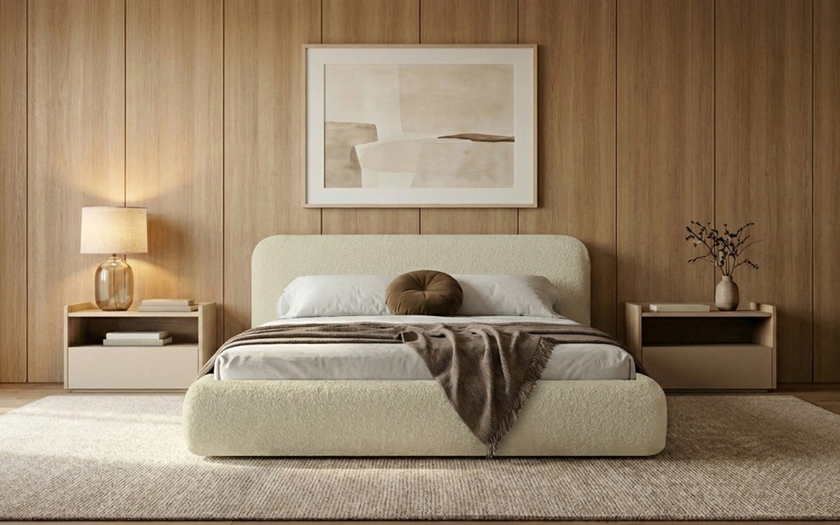 Dizajnová čalúnená posteľ Arosa s poťahom bouclé a úložným priestorom