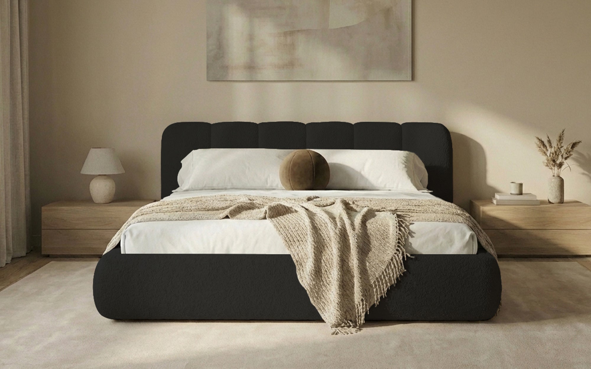 Dizajnová čalúnená posteľ Avelo v bouclé s úložným priestorom