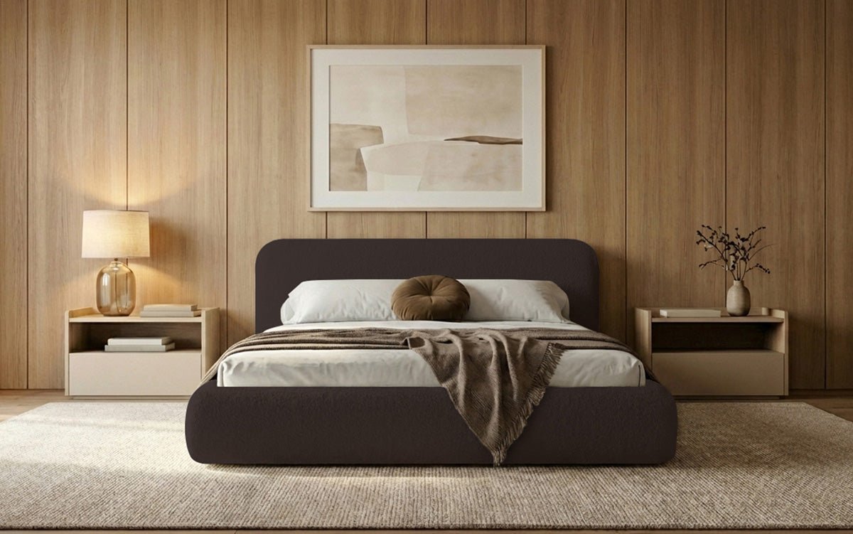 Dizajnová čalúnená posteľ Arosa s poťahom bouclé a úložným priestorom