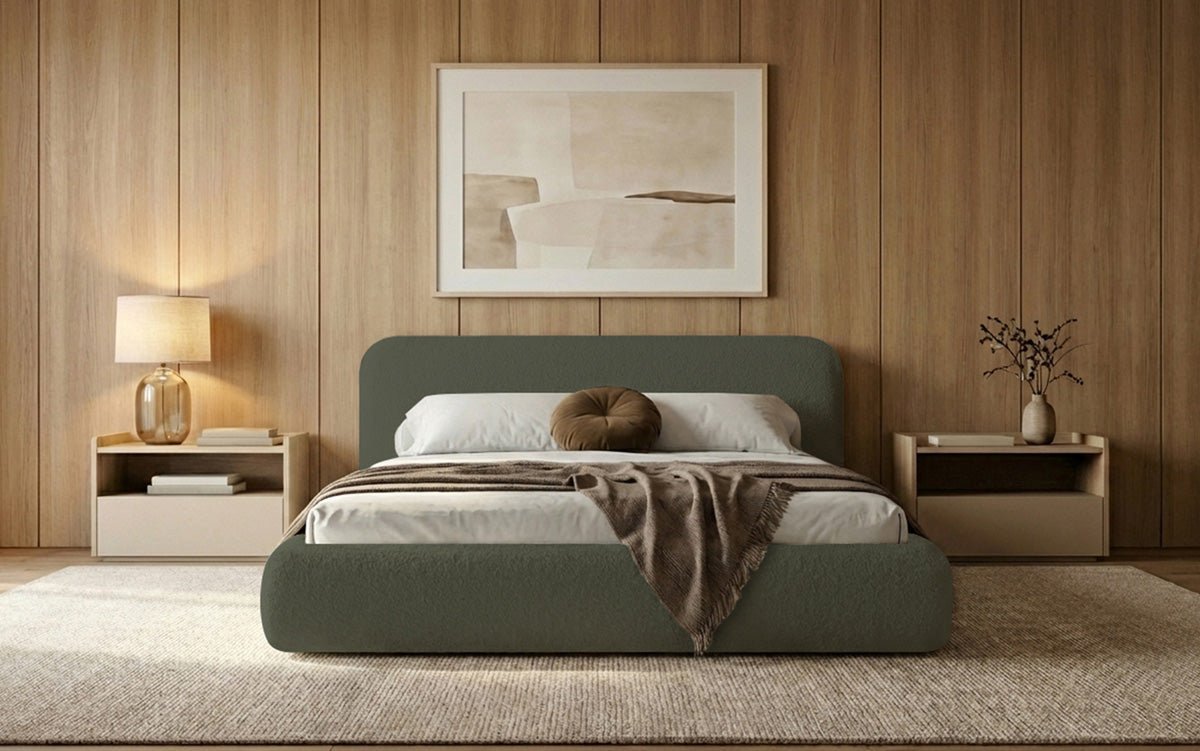 Dizajnová čalúnená posteľ Arosa s poťahom bouclé a úložným priestorom