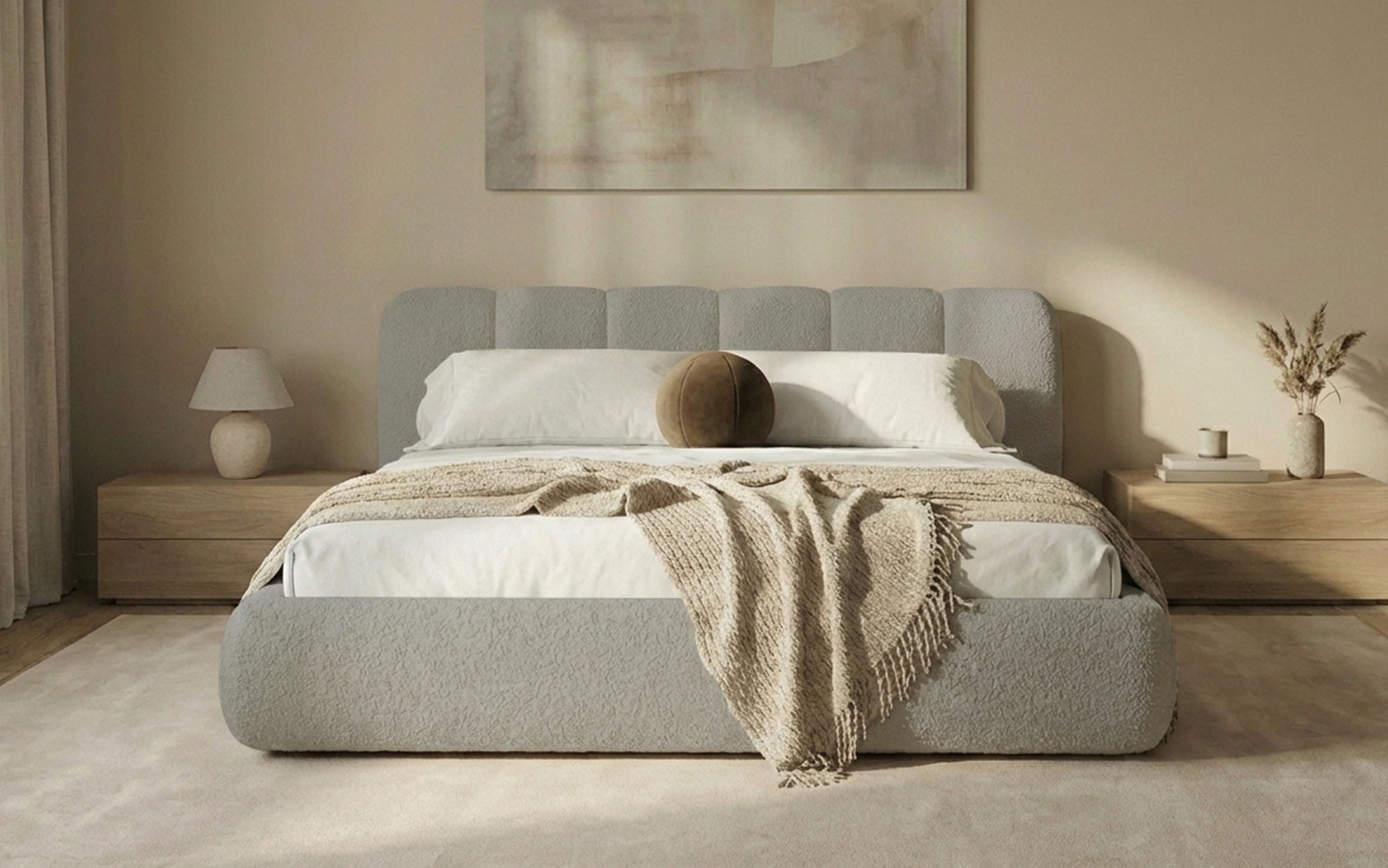 Dizajnová čalúnená posteľ Avelo v bouclé s úložným priestorom