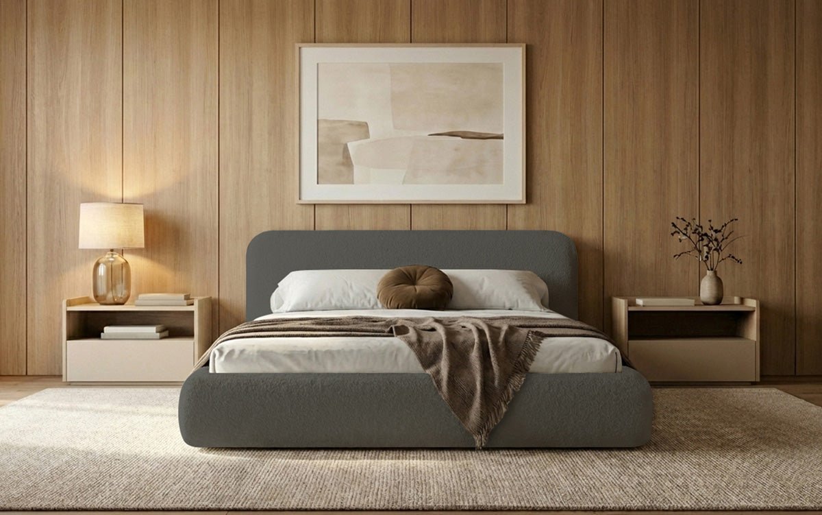 Dizajnová čalúnená posteľ Arosa s poťahom bouclé a úložným priestorom