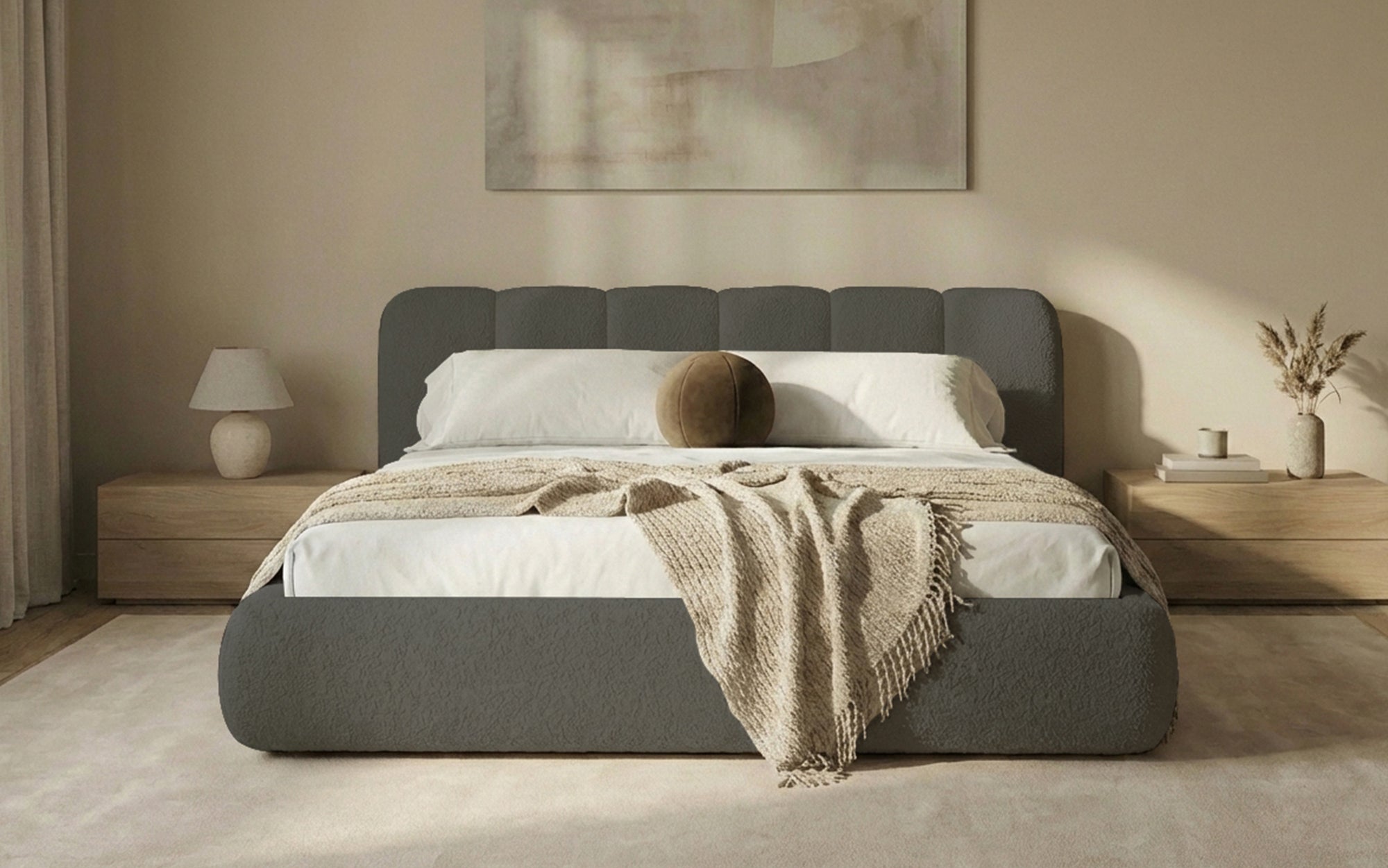 Dizajnová čalúnená posteľ Avelo v bouclé s úložným priestorom