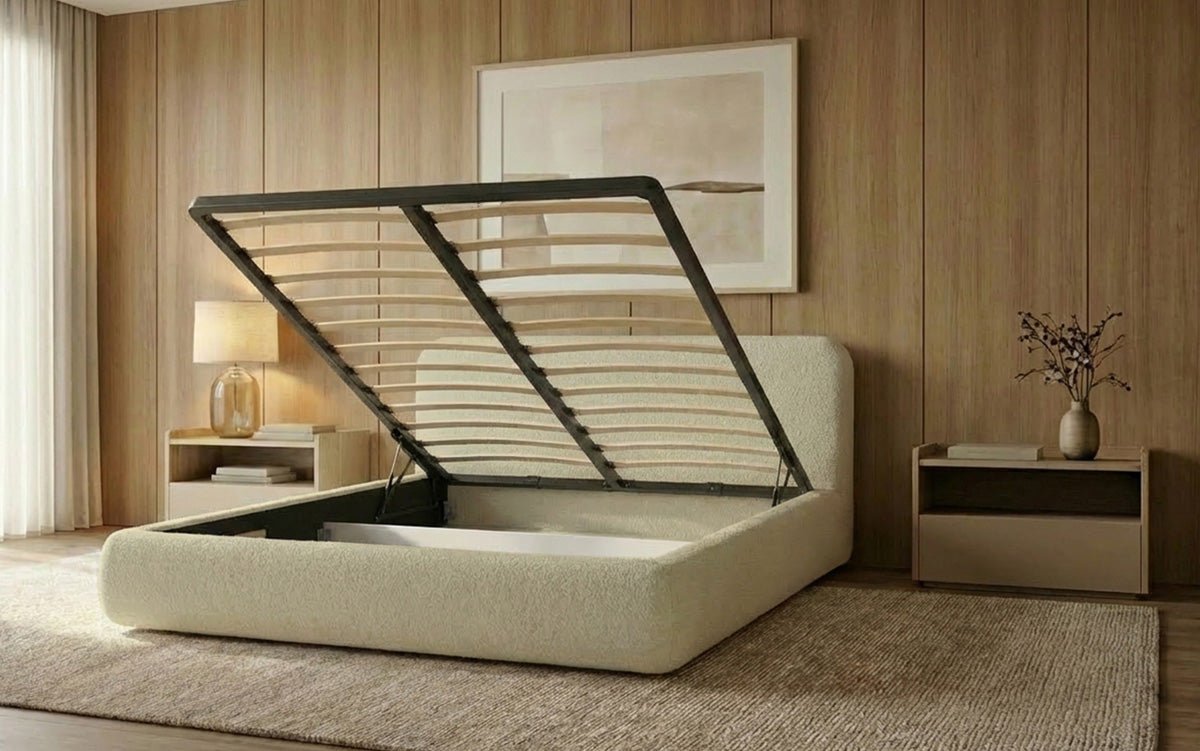 Dizajnová čalúnená posteľ Arosa s poťahom bouclé a úložným priestorom