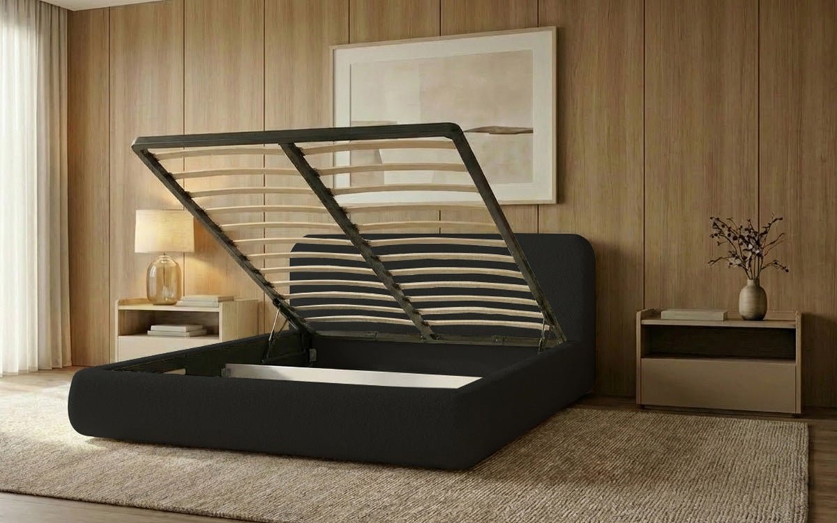 Dizajnová čalúnená posteľ Arosa s poťahom bouclé a úložným priestorom