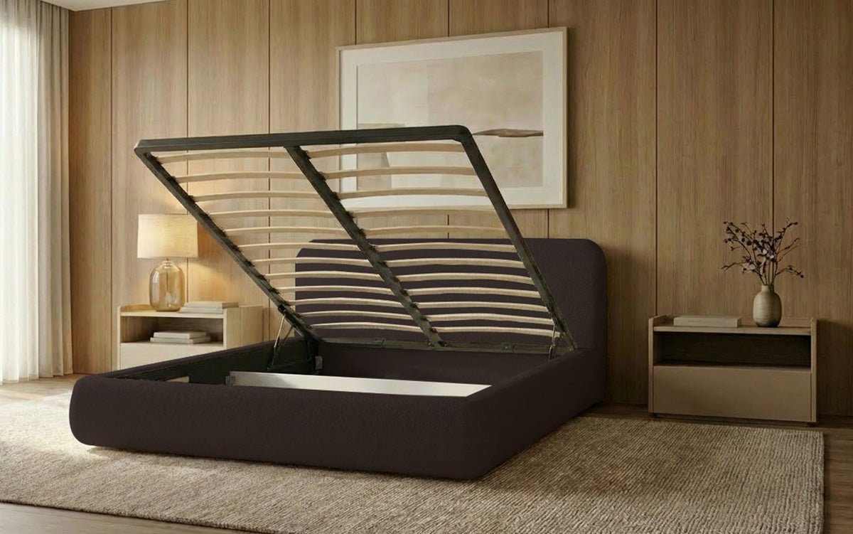 Dizajnová čalúnená posteľ Arosa s poťahom bouclé a úložným priestorom