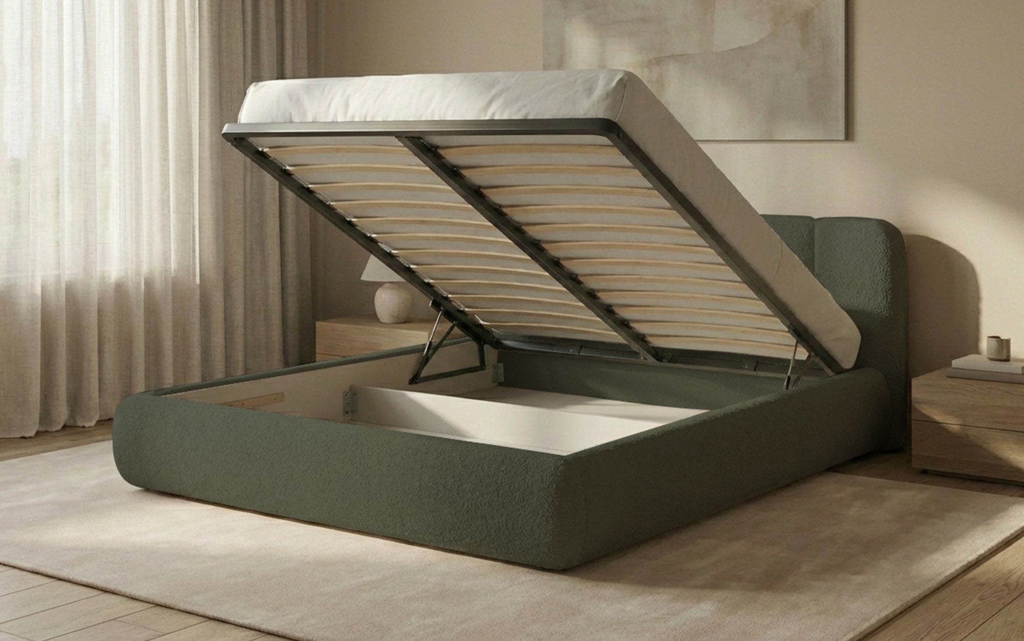 Dizajnová čalúnená posteľ Avelo v bouclé s úložným priestorom