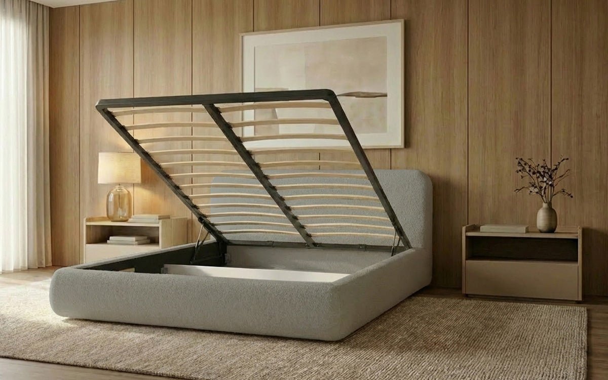 Dizajnová čalúnená posteľ Arosa s poťahom bouclé a úložným priestorom