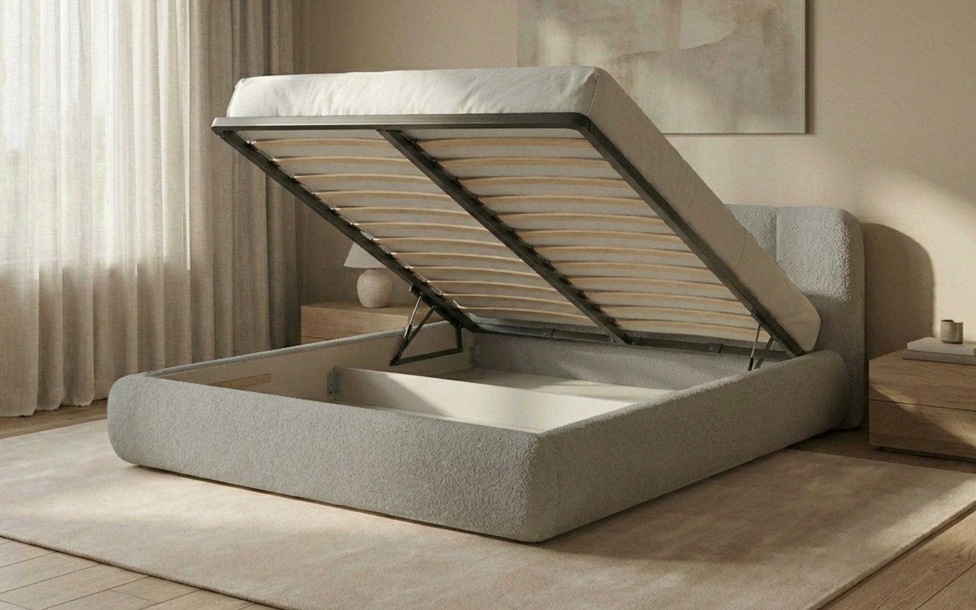 Dizajnová čalúnená posteľ Avelo v bouclé s úložným priestorom