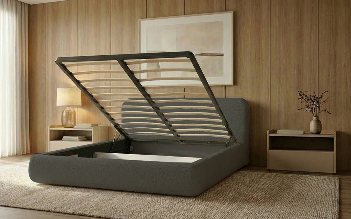 Dizajnová čalúnená posteľ Arosa s poťahom bouclé a úložným priestorom