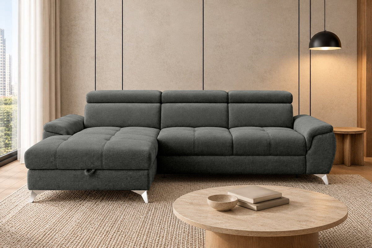 Ecksofa Luno in Strukturstoff Anthrazit, Ottomane links – Frontansicht