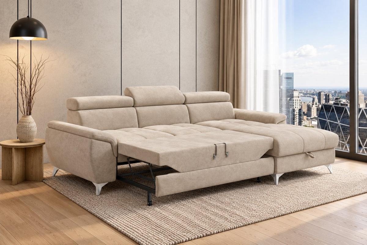 Ecksofa Luno in Strukturstoff Beige – ausgezogene Schlaffunktion