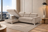 Ecksofa Luno in Strukturstoff Beige, Ottomane links – geöffneter Stauraum