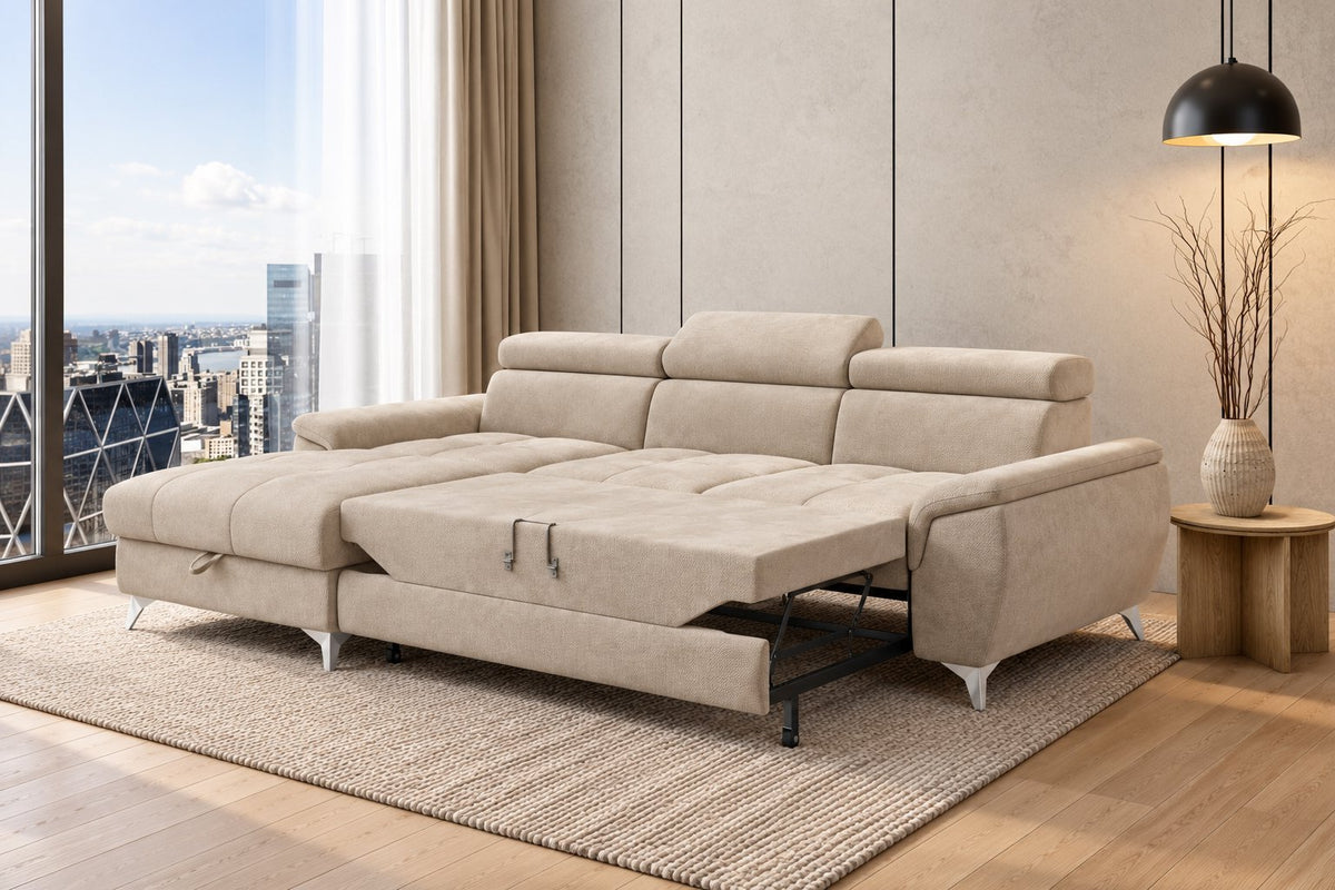 Ecksofa Luno in Strukturstoff Beige, Ottomane links – ausgezogene Schlaffunktion