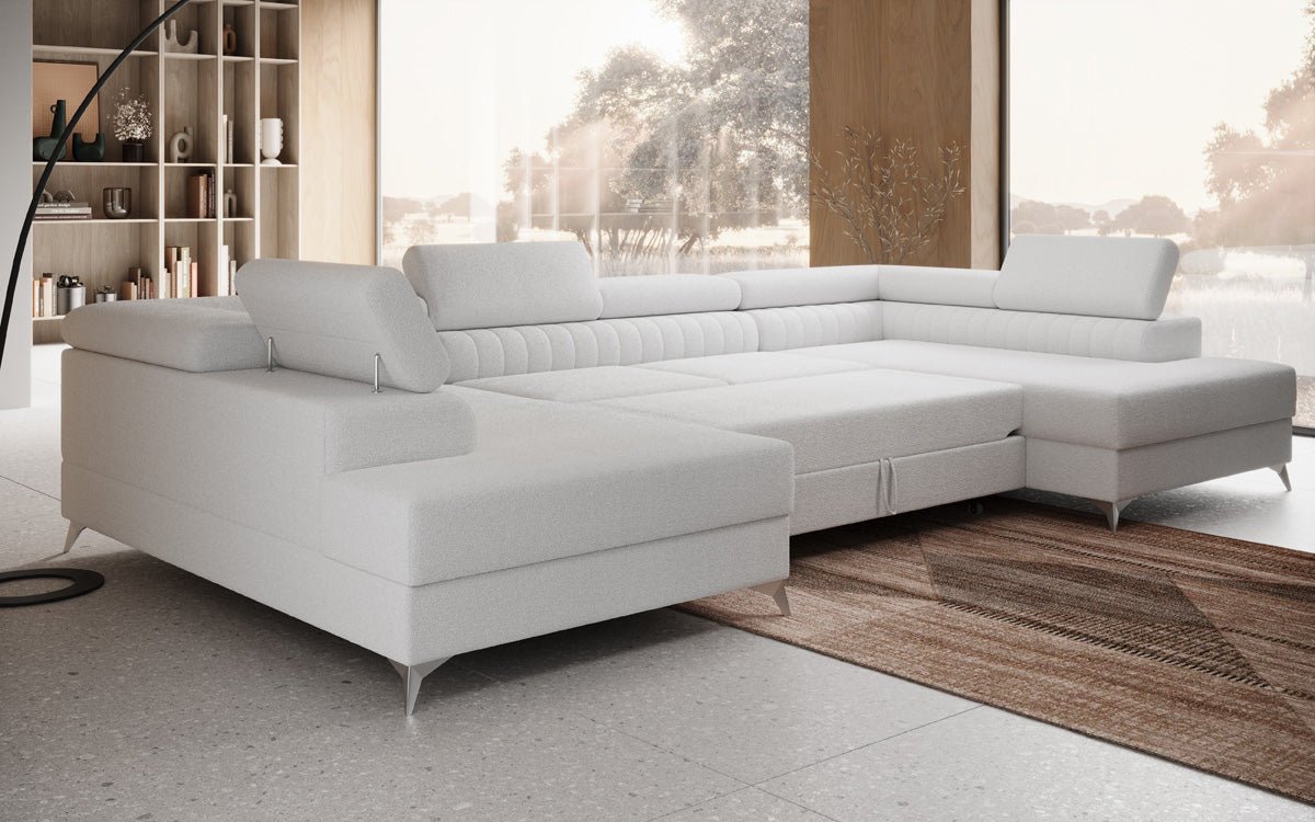 Designer Sofa Aurea U mit Schlaf- und Klappfunktion in Bouclé