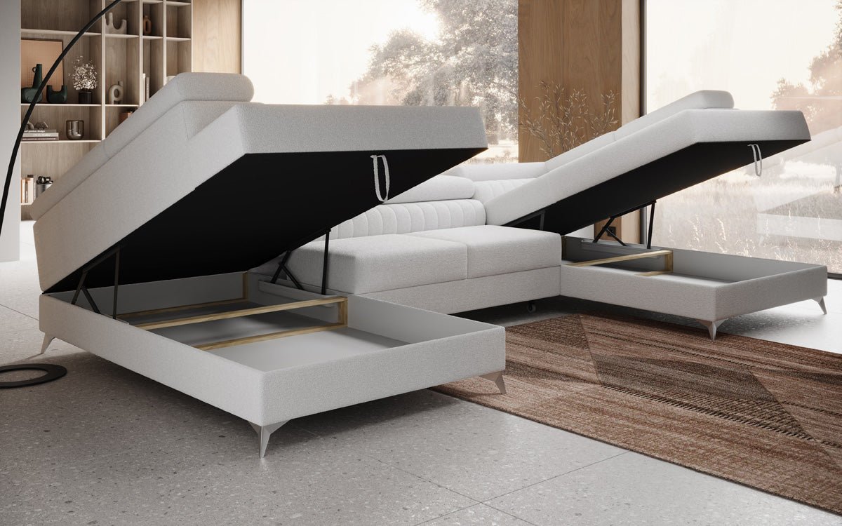 Designer Sofa Aurea U mit Schlaf- und Klappfunktion in Bouclé