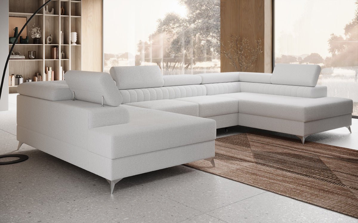 Designer Sofa Aurea U mit Schlaf- und Klappfunktion in Bouclé