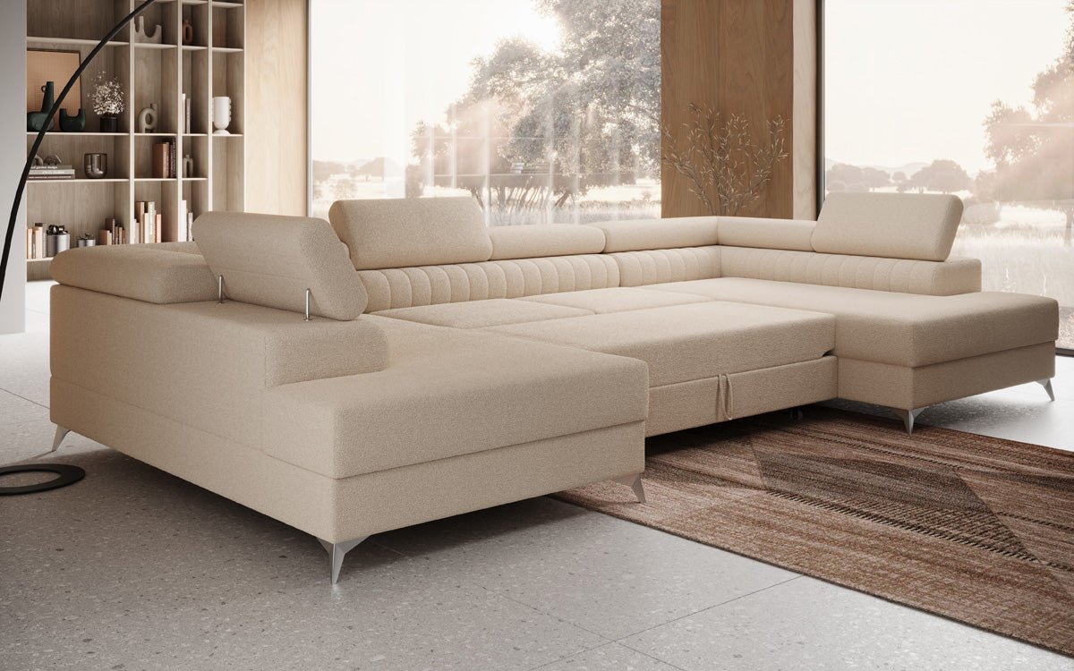 Designer Sofa Aurea U mit Schlaf- und Klappfunktion in Bouclé
