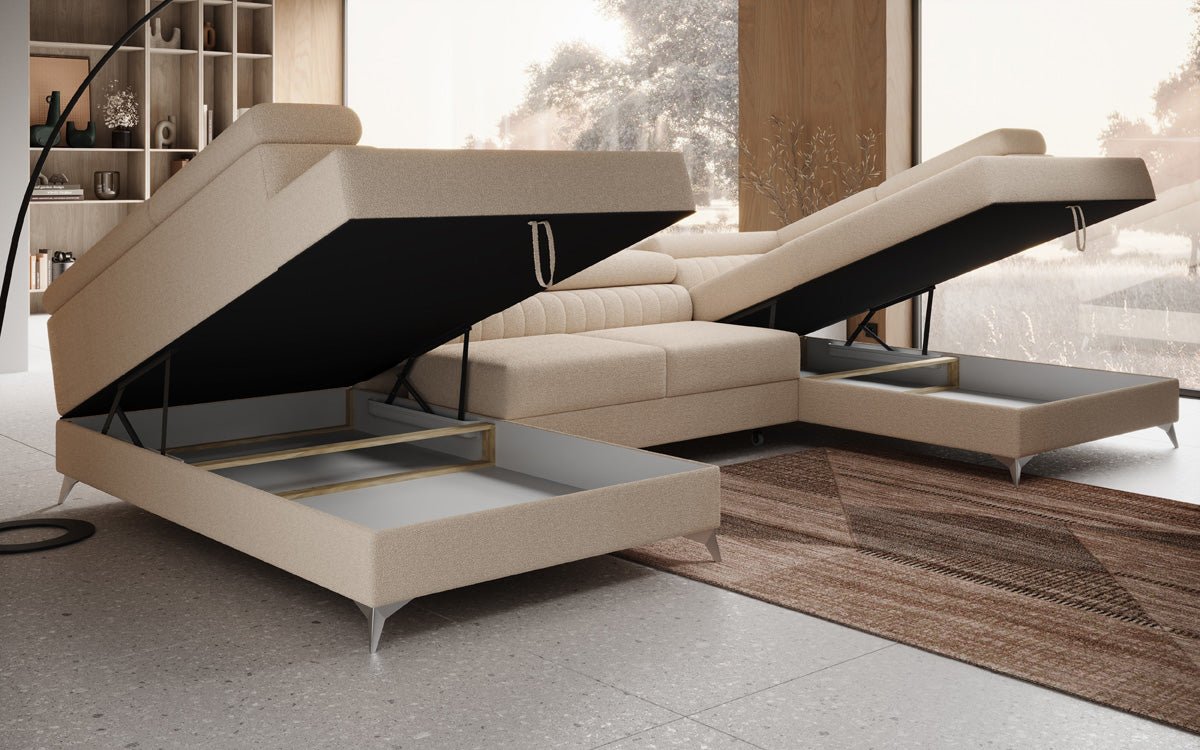 Designer Sofa Aurea U mit Schlaf- und Klappfunktion in Bouclé
