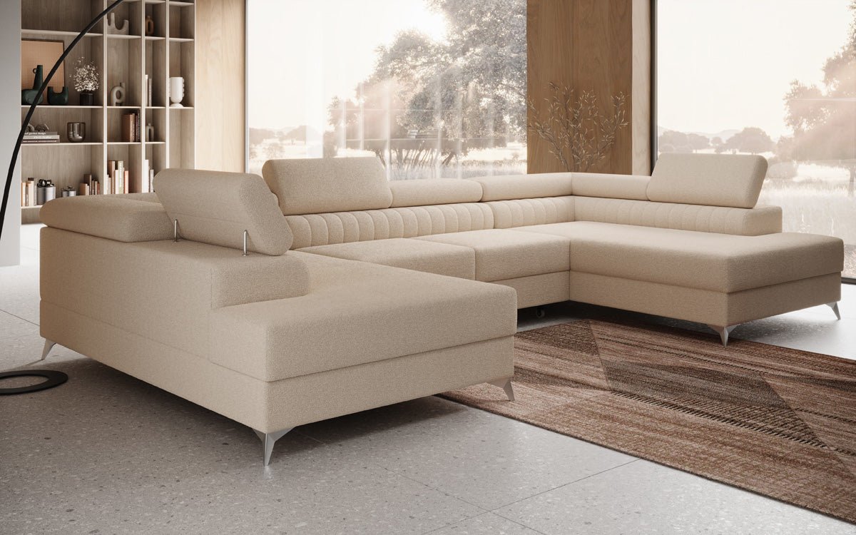 Designer Sofa Aurea U mit Schlaf- und Klappfunktion in Bouclé