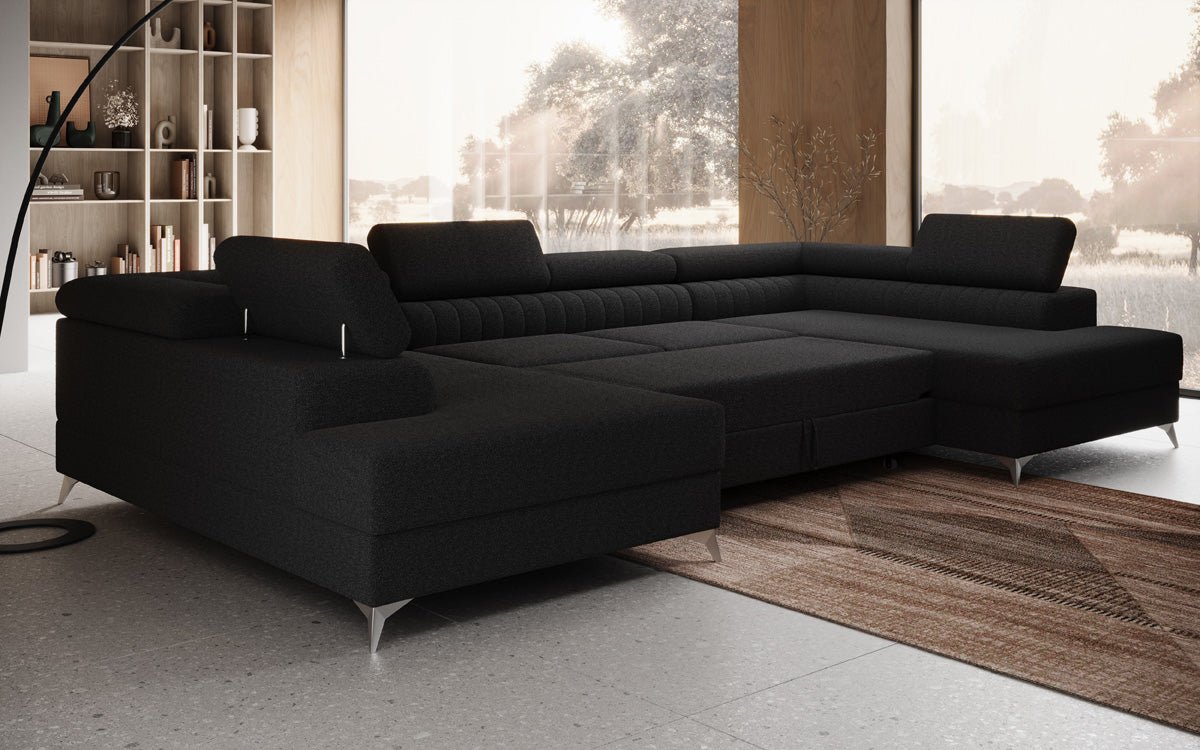 Designer Sofa Aurea U mit Schlaf- und Klappfunktion in Bouclé
