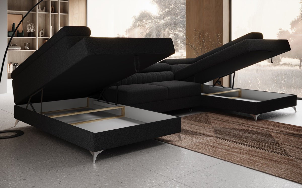 Designer Sofa Aurea U mit Schlaf- und Klappfunktion in Bouclé