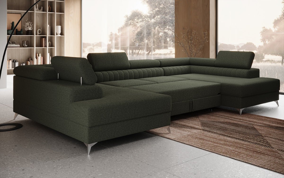 Designer Sofa Aurea U mit Schlaf- und Klappfunktion in Bouclé