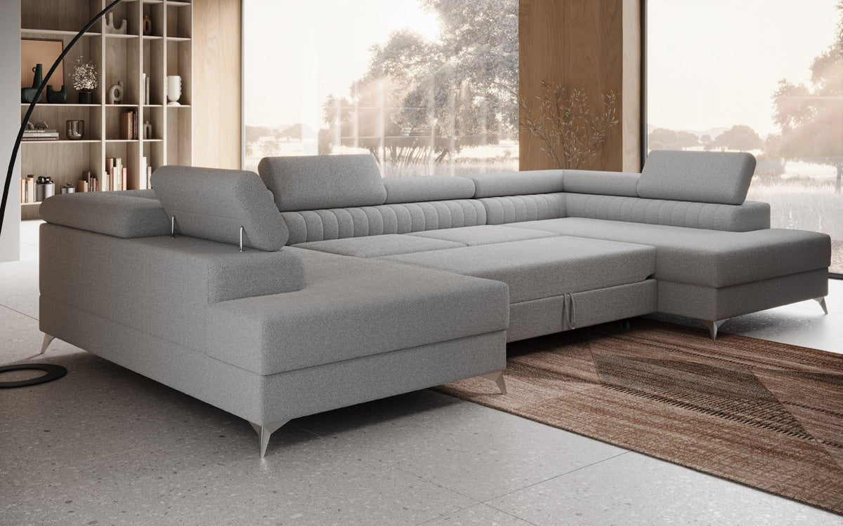 Designer Sofa Aurea U mit Schlaf- und Klappfunktion in Bouclé