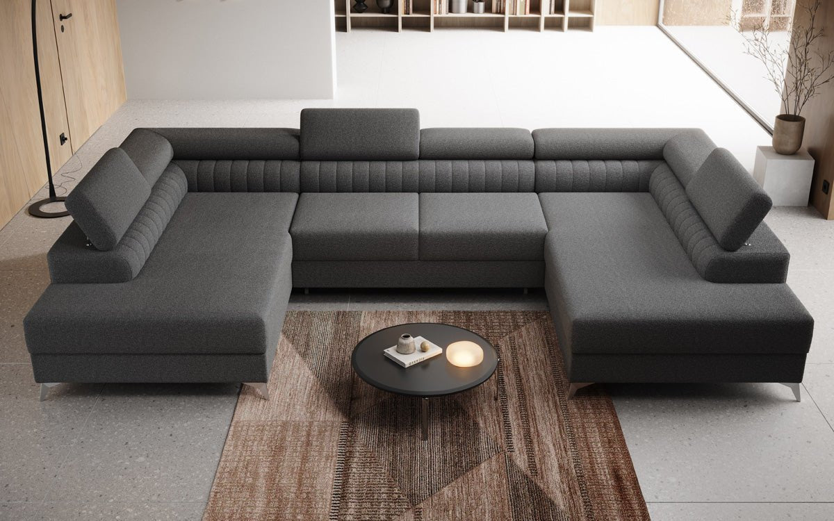 Designer Sofa Aurea U mit Schlaf- und Klappfunktion in Bouclé