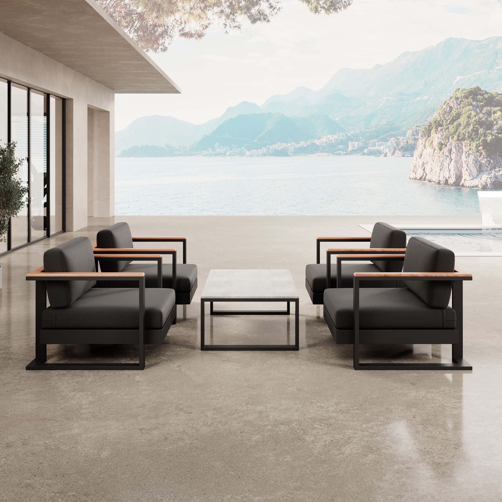 Vayla – 4 Loungesessel & Tisch aus schwarzem Aluminium | Aevora™ Kollektion
