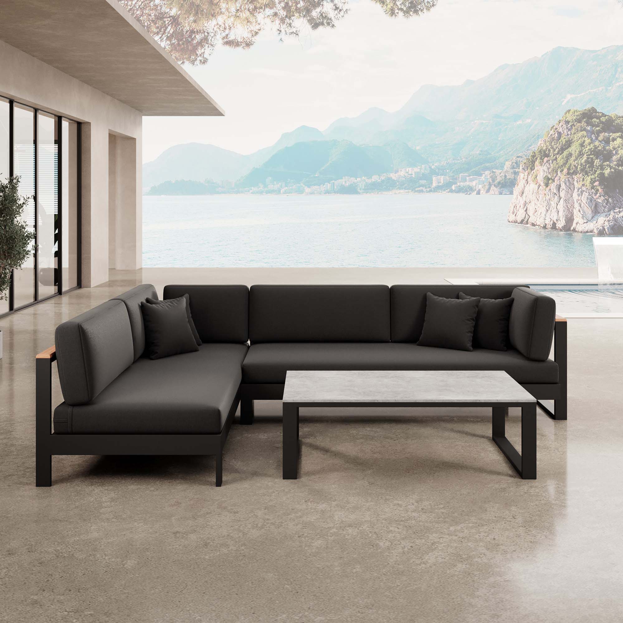 Vayla – Ecklounge, Ecksofa & Tisch aus schwarzem Aluminium | Aevora™ Kollektion