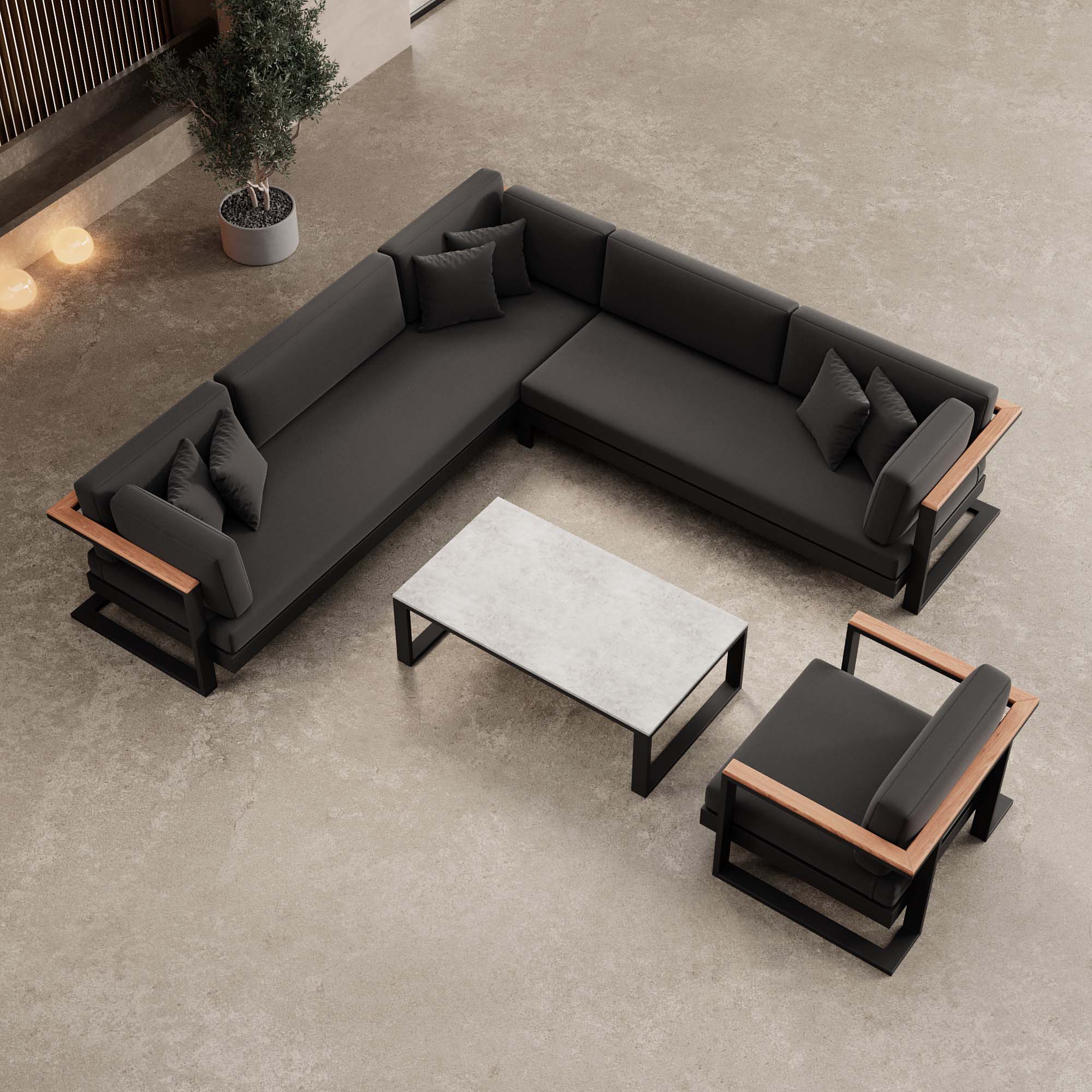 Vayla – Loungegruppe mit Ecksofa, Loungesessel & Tisch aus schwarzem Aluminium | Aevora™ Kollektion