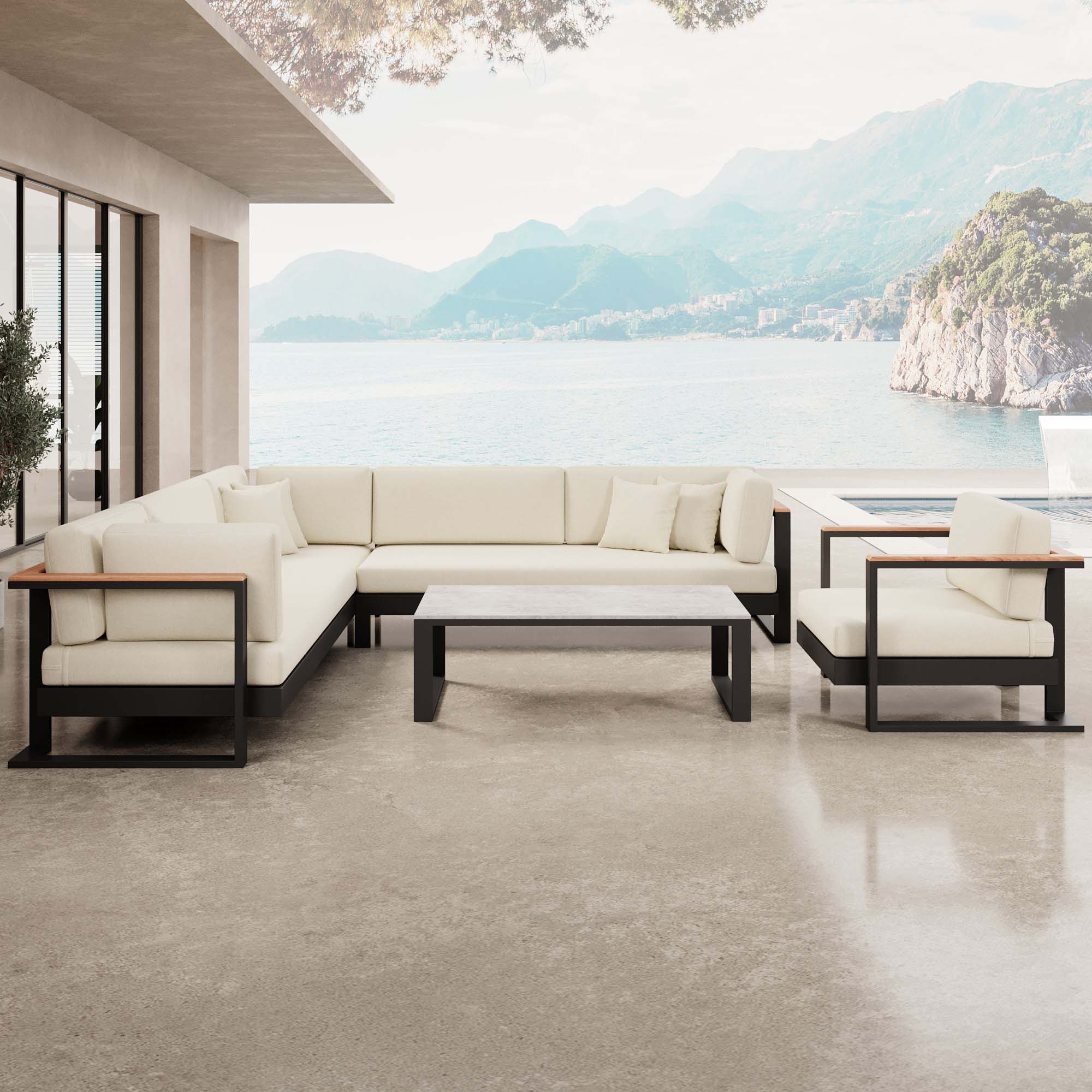 Vayla – Loungegruppe mit Ecksofa, Loungesessel & Tisch aus schwarzem Aluminium | Aevora™ Kollektion