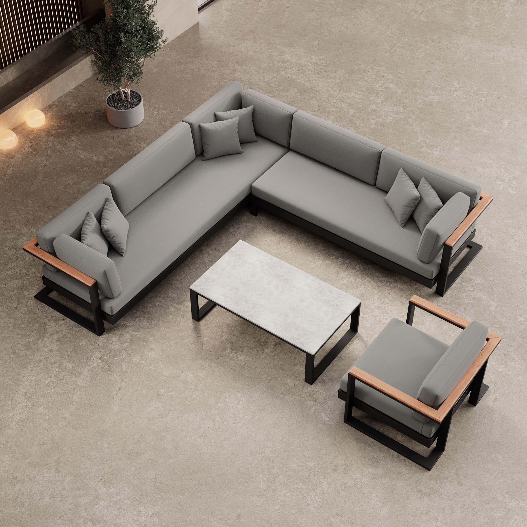 Vayla – Loungegruppe mit Ecksofa, Loungesessel & Tisch aus schwarzem Aluminium | Aevora™ Kollektion