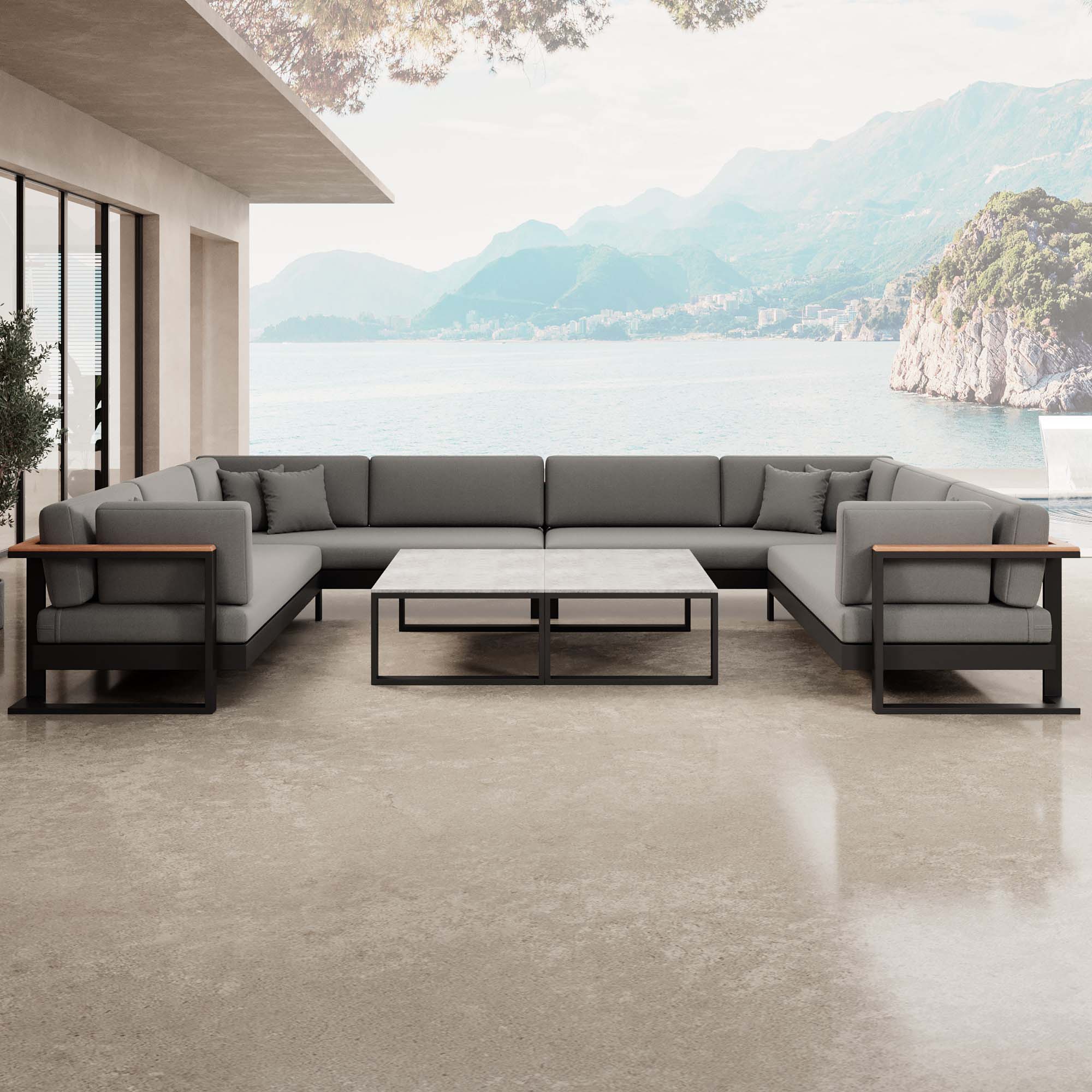 Vayla – Wohnlandschaft in U-Form mit Tisch aus schwarzem Aluminium | Aevora™ Kollektion