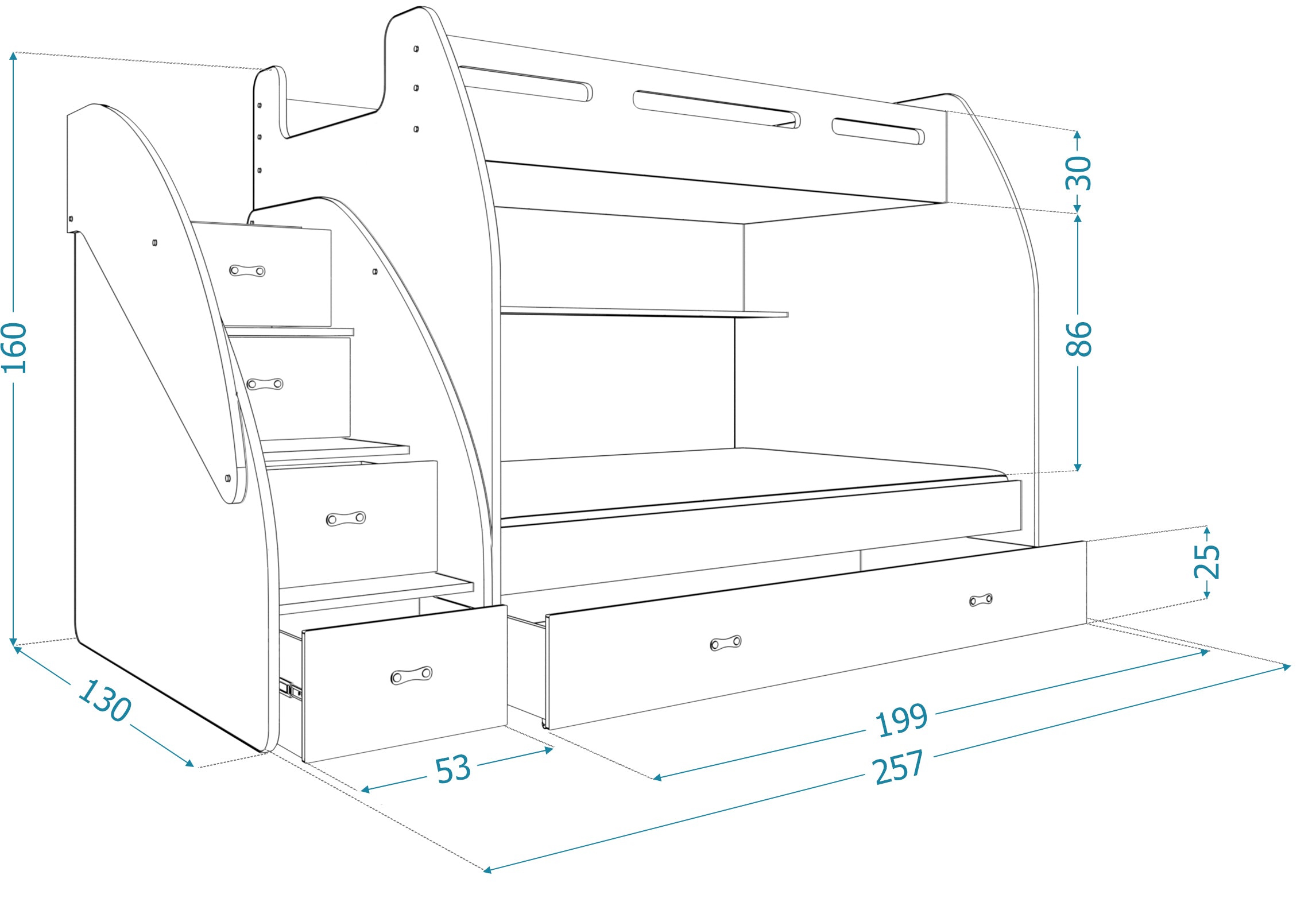 Detská poschodová posteľ Dream – s dvoma ležadlami, veľa úložného priestoru a matracmi v cene