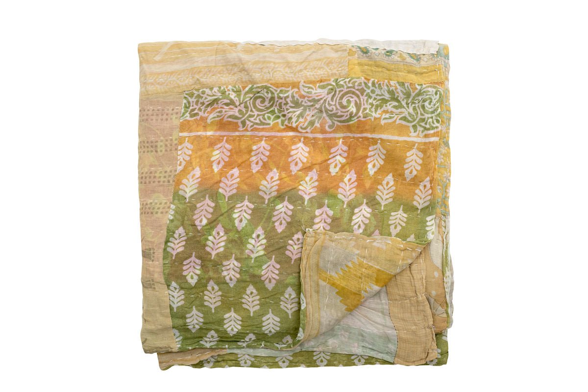 Prehoz Kalima – Ručne vyrobený prešívaný prikrývka zo sari v žltej farbe
