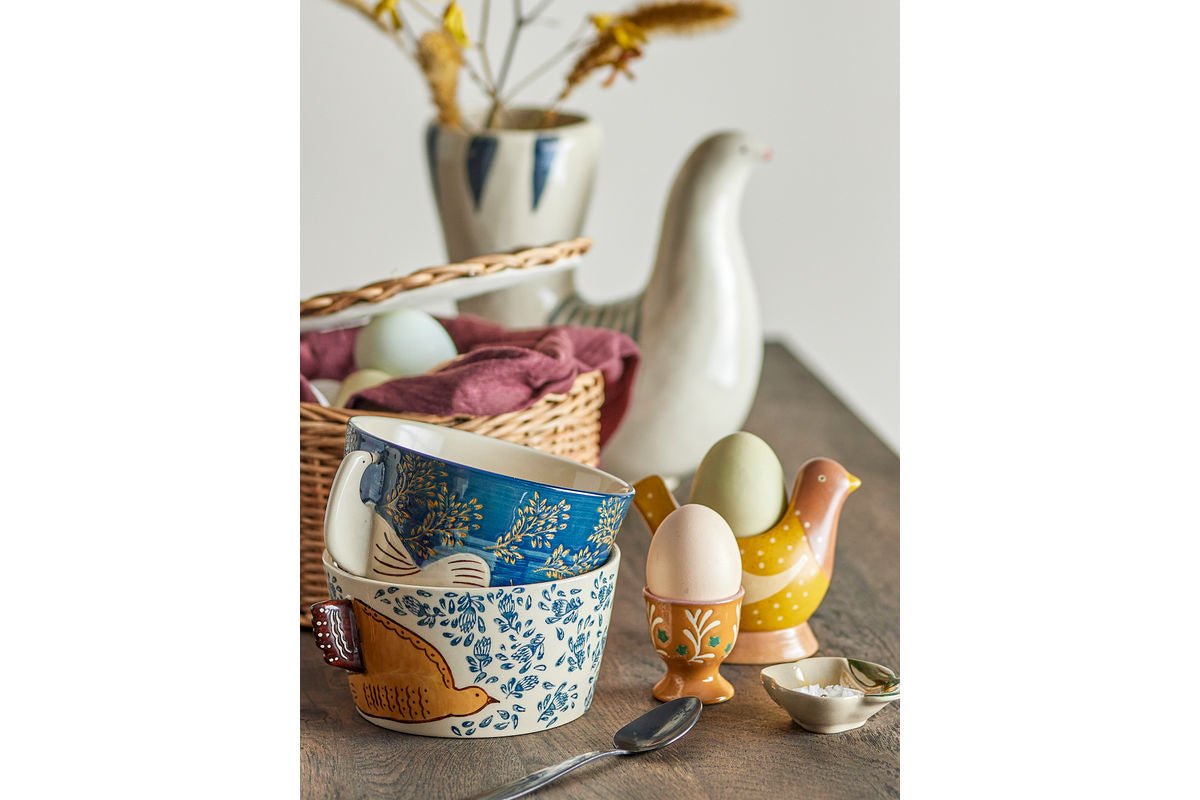 Stojančeky na vajíčka Maya – Ručne maľované motívy vtákov z kameniny (sada 2 ks)