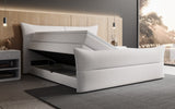 Boxspringbett Elea Leinen-Optik in Weiß (Beverly 21) – Stauraum geöffnet seitlich