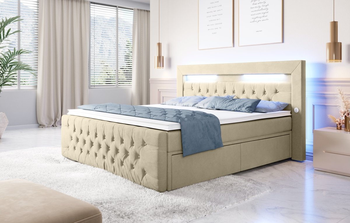 Boxspringbett Sunshine mit indirekter Beleuchtung, USB und Stauraum - Luxusbetten24